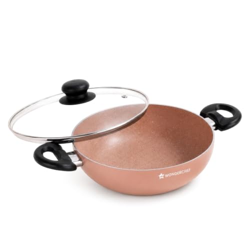 Image of Wonderchef Vitalife Non-Stick Kadhai & Glass Lid for Kitchen, 24cm, 2.5 L, Non-Toxic Coating, PFOA-Free, Cool-Touch Handles, Scratch-Resistant, Gas & Induction Compatible, 2-Yr Warranty, Terracotta