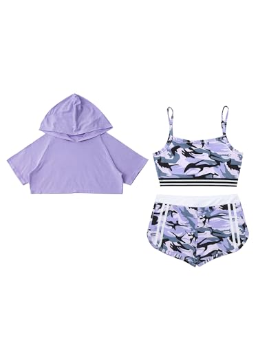 YiZYiF Kids Girls 3 Piece Dance Gymnastic Workout Outfit Short Sleeve Hooded with Crop Tank Top Shorts Sport Tracksuit3