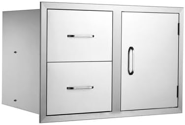 Happybuy Outdoor Kitchen Door Drawer Combo, 32.5" W x 21.6" H x 20.5" D Access Door & Double Drawers with Paper Towel Rack, Stainless Steel Handles, Ideal for BBQ Island and Outdoor Kitchens