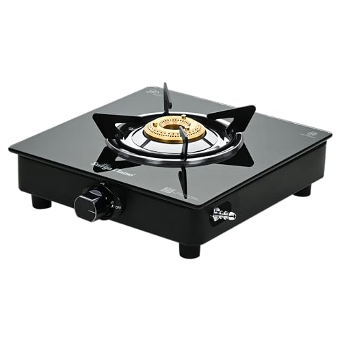 Image of Surya Flame Maestro 1-Burner Gas Stove, Toughened Glass Top, Manual Ignition, Tri-Pin Brass Burner, 69%+ Efficiency, Black