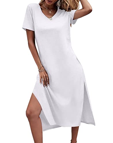 Image of Dyexces Women Summer T Shirt Dress Casual Short Sleeve V Neck Maxi Dresses Loose Side Slit Long Tshirt Dress with Pockets
