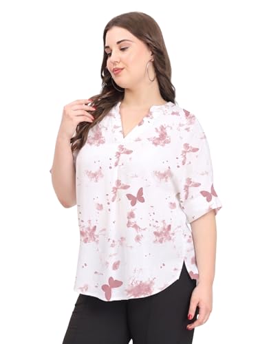 Image of SINDOORI Relaxed Fit Tops for Women Plus Size Solid Printed Mandarin Collar, Band Collar, V-Neck Top, Half Sleeve Loose Fit