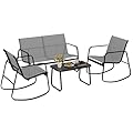 DWVO 4-Piece Patio Furniture Set, Textilene Conversation Set with 2 Rocking Chairs and Tempered Glass Coffee Table, Perfect for Indoor Patio Lawn Garden Poolside, Gray