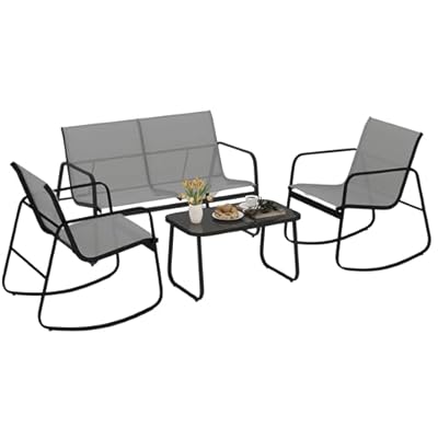 DWVO 4-Piece Patio Furniture Set, Textilene Conversation Set with 2 Rocking Chairs and Tempered Glass Coffee Table, Perfect for Indoor Patio Lawn Garden Poolside, Gray