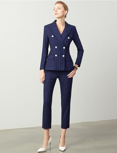 Women's Stripe Double Breasted Buttons Suit Set Business Long Sleeves Jacket and Pants for Banquet Speech4