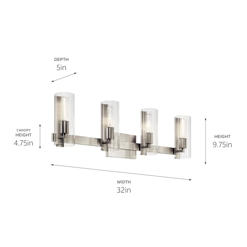 Image of Kichler Jemsa 4-Light Bathroom Vanity Light Fixture with Clear Fluted Glass in Brushed Nickel, Modern Wall Mount Light for Bathroom or Powder Room (9.75 inch x 32 inch), 55169NI