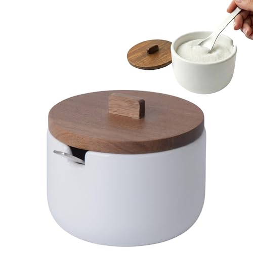 KOOK TIME Sucrier en Céramique avec Cuillère CURVE - Pot à Sucre avec Couvercle en Bois d'Acacia. Boîte pour Sucre, Sel, Épices ou Fromage Râpé. 10.5 x 9 cm. - Blanc