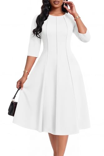CLOCOR Midi Dresses for Women - Semi Formal Fit and Flare 3/4 Sleeve Elegant A-Line Church Work Dress with Pockets White