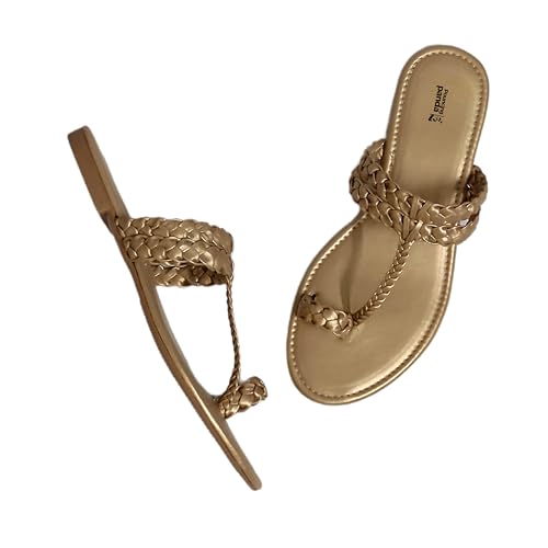 Image of Women's Round Toe Flats Sandal | Hand Braided Toe Ring Sandals | Dailywear Slippers Under 500 | Open Toe Kolhpauri Style chappal for Ethnic and Casual Occassions.