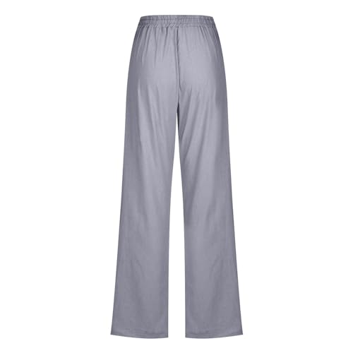 Image of Linen Pants Women High Waisted Drawstring Casual Pant Cotton Linen Straight Leg Lounge Trousers with Side Pockets