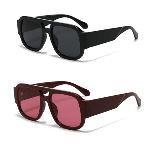 ISIUINN Retro Oversized Aviator Sunglasses for Women Men 70s Chunky Double Bridge Thick Frame Square Trendy Shades (2 Pack Black+Red)