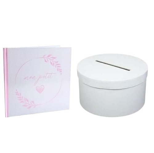 Pack Comprenant 1 Tirelire urne Ronde avec 1 Livre d'or baptême Mon Petit Coeur Rose et Blanc