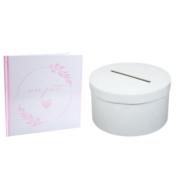Pack Comprenant 1 Tirelire urne Ronde avec 1 Livre d'or baptême Mon Petit Coeur Rose et Blanc
