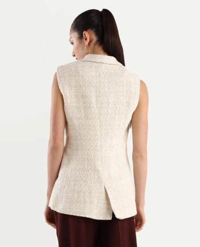 Image of Rareism Fitted Solid Beige Polyester Blend Sleeveless Lapel Coat