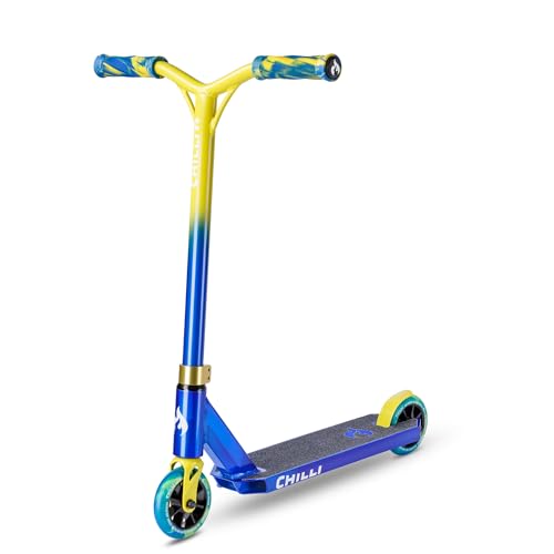 Chilli Pro - Patinete All Star Jumpstart | Patinete de acrobacias premium para principiantes a intermedios | A partir de 5 años | Compresión universal HIC | Azul/Amarillo | Tamaño: pequeño