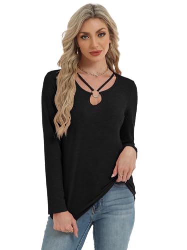 Women's Long Sleeve Tops Keyhole Neck Detail Crew Neck Shirts Ring Cut Out Design Stretchy Tees 20252