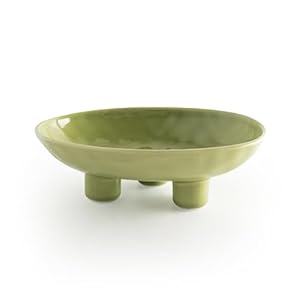 Three-Leg Ceramic Fruit Bowl, 10 Inch Oval Serving Dish for Kitchen Counter, Candy or Key Holder, Home Decor Accent Beige Green