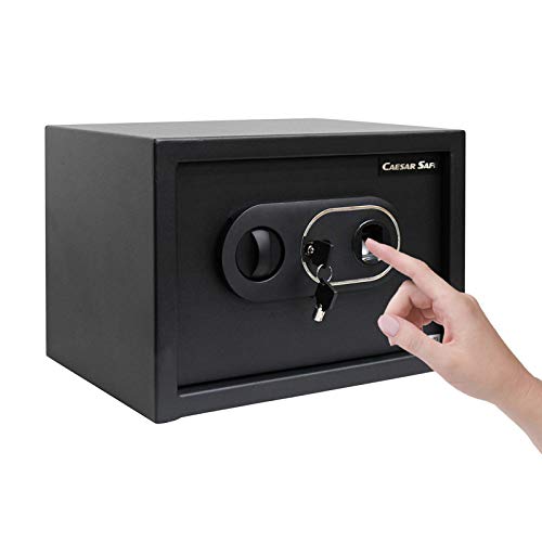 Caesar Small Safe Money Box, Fingerprint Safe Lock Cabinet Security Box, Fingerprint & 2 Keys, Deposit Box for Cash Gun Jewelry Document Home Office Hotel, Wall Safe Lock Box