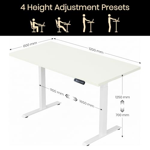 Image of Pulse Electric Height Adjustable Table Standing Desk with 4 Memory Presets| 1200 X 750 CM (25mm White Top & White Frame)| 80KG Wt Cap| 3 Year Warranty| Adaptor Hanger, Headphone & Cup Holder