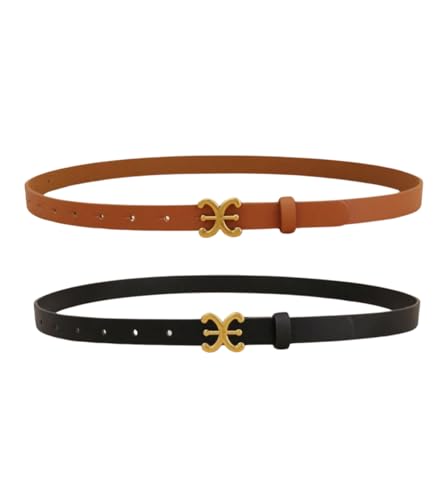 Women's Skinny Leather Belts with Gold Buckle, Set of 2, Brown and Black, 1-inch width, Ideal for Dresses, Jeans, and Coats, Black