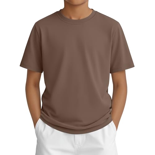 LessonZoo Boys Short Sleeve Shirts Kids Summer Crew Neck T-Shirt Loose Fit Solid Tops Casual Basic Tee for 5-16 Years(Mocha 13-14 Years)