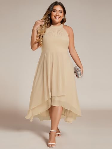 Image of Ever-Pretty Plus Women's Sleeveless Halter A Line Pleated High Low Plus Size Wedding Guest Cocktail Dresses 31926-DA