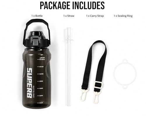 Image of Plastic Big Water Bottle 2 Liter with Straw Clear Motivational Time Marker Drink XL Jug with Handle for Sports Gym - Black