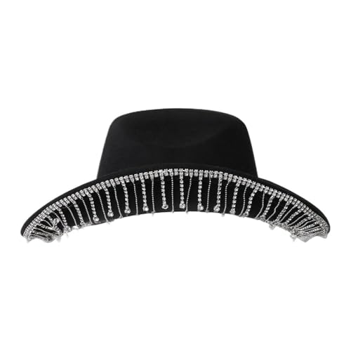 Chapeau de cowgirl à strass et pompons style western à large bord pour femme