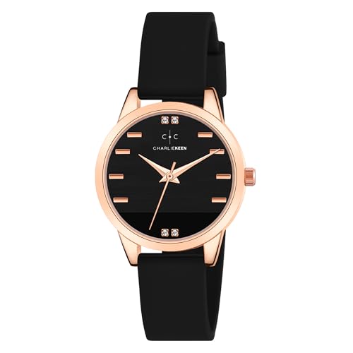 Image of CHARLIEKEEN Women's Elegant Watch with Rose Gold Case, Silicone Band, Crystal Accents, Analog Display