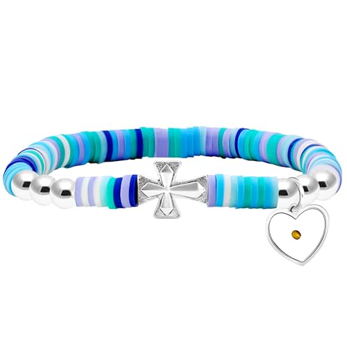 Bracelet Heishi en argile polymère et breloque cœur graine de moutarde finition soignée