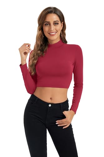 Image of Womens Long Sleeve Crop Tops Lightweight Mock Neck Base Layer Shirts