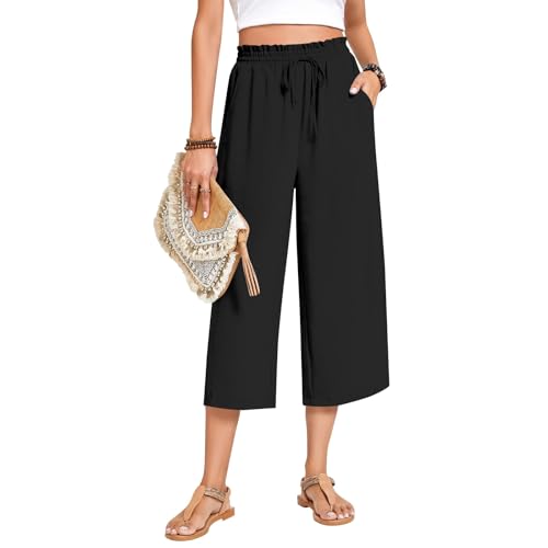 Linen Capri Pants for Women Summer Flowy Wide Leg Capris Pants Elastic High Waist Boho Beach Lounge Pant with Pockets4