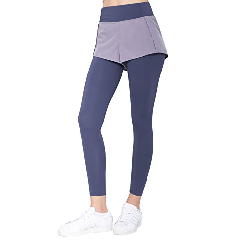 BESIDE STAR Damen Yoga Leggings Nahtlos Leggins Hose mit Hosenrock und Taschen 2 in 1 Set Dehnbar Schnelltrocknende Trainingshosen Running-Hosen, Blau L Cover