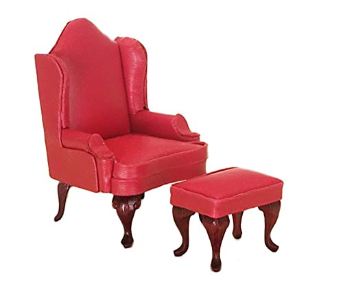 Fauteuil aile arrière miniature maison de poupées rouge cuir repose-pieds salon