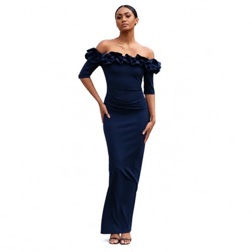 Xscape Off Shoulder Ruffle Neck 3/4 Sleeve Formal Evening Gown, Navy, 16P