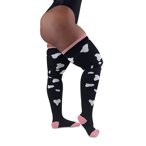 Image of Thunda Thighs Plus Size Thigh High Socks, Over the Knee High Boot Stockings Leg Warmers, Extra Long & Thick Socks Cow Print White Spots