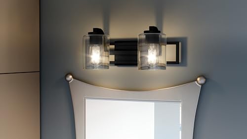 Image of Quoizel Lansdowne Modern Bath Vanity Lights,18.25 Inch 2-Light Matte Black Lighting Fixtures Over Mirror, Clear Glass Shade, 100W, Decorative Wall Light for Bathroom, Dresser, Kitchen or Hallway