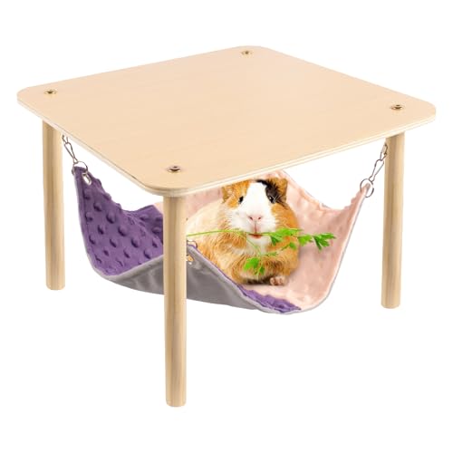 BESNEW Enlarged Guinea Pig Hammock with Wooden Stand Small Animal Hanging Bed Large Platform for Guinea Pigs Bunny Ferret Hamster Hiding Sleeping 13L x 13W x 11H in