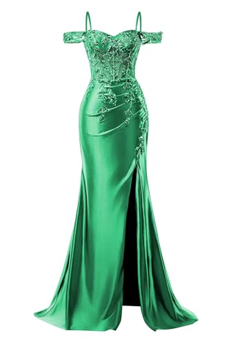 Image of Mermaid Satin Prom Dresses 2026 Lace Applique Off Shoulder Formal Evening Gown with Slit