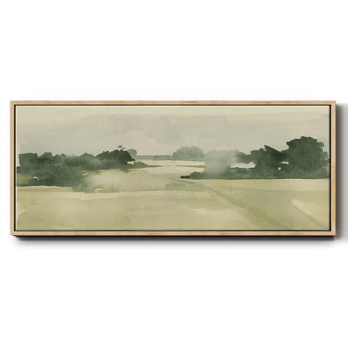 Renditions Gallery Canvas Art Work For Office Watercolor Pasture Landscape Floater Framed Home Decor for Drawing Room Kitchen Bedroom - 20"X50" NATURAL Frame GAL039