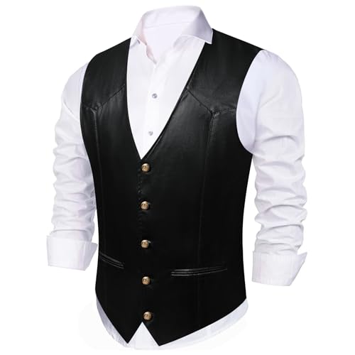 Barry.Wang Mens Leather Vests Casual Western Cowboy Vest V-neck Jacket Lightweight Waistcoat3