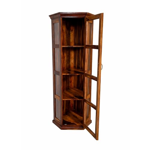 Image of SONA Art & Crafts Astro Sheesham Wooden Crockery Cabinet with Glass Door | Solid Wood Multipurpose Storage Cabinets for Living Room Home & Kitchen | Book Shelf Wooden - Natural Finish