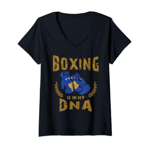 Damen Boxing is in my DNA Kosovo Flagge Boxhandschuh T-Shirt mit V-Ausschnitt