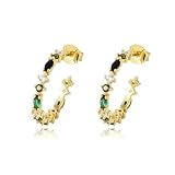 Lirzxin Pendientes de tuerca de oro amarillo para mujer, oro amarillo de 14 quilates en forma de C con peridoto de turmalina verde, ónix negro y moissanita para cartílago de hélice para mujer, madre e