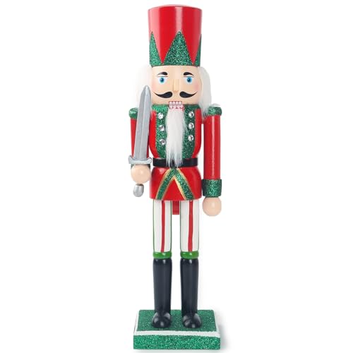 3 otters 11.8\" Nutcracker Christmas Decor, Red Wooden Christmas Nutcracker Figure, Festive Collectible Gift for Indoor Winter Table Desktop Fireplace Decorations