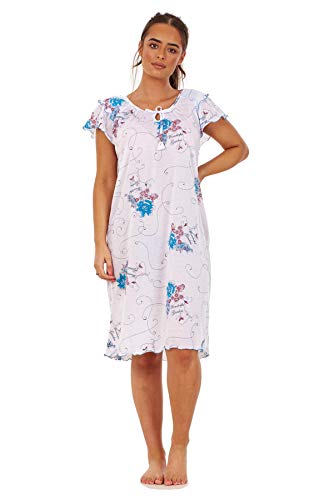 Apparel Ladies Short Nightdress Cotton Blend Cap Sleeve Nightwear Peony Floral M to XXXL Turquoise White