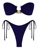 ZAFUL Women's Bandeau Bikini Shiny Metal Ring Decor Lace Up Tied Side High Cut Strapless Swimsuit(1-z-Navy Blue,M)