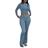 AYWA Women's 2 Piece Outfits Foldover Flare Pants Long Sleeve Crew Neck T-shirt Fitted Pajama Sets (Blue Grey, Medium)