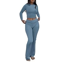 AYWA Women's 2 Piece Outfits Foldover Flare Pants Long Sleeve Crew Neck T-shirt Fitted Pajama Sets (Blue Grey, Medium)