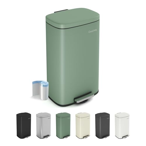 Image of CozyLiving Pedal Kitchen Bin with Soft Close Lid, Step-On Trash Can with Inner Bucket, Durable Steel Body, Hands-Free Waste Disposal, Green/ 30L